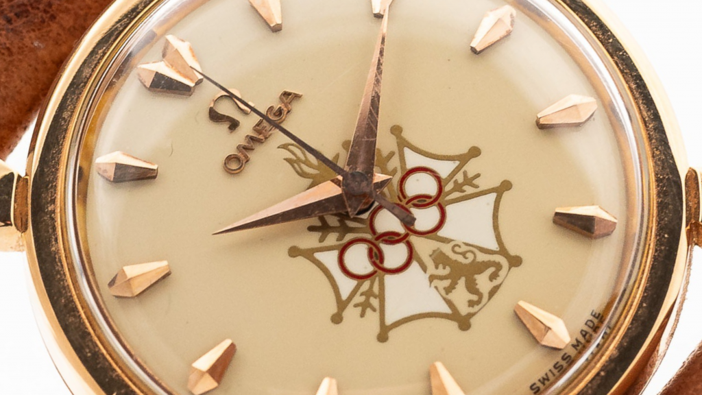 the dial on a vintage 1950s Omega Seamaster for the XVI Olympic Games in Melbourne
