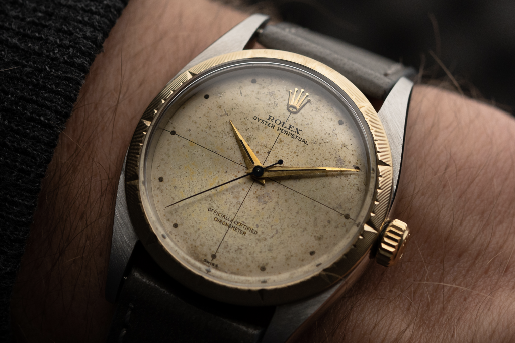 wristshot of a vintage 1960s Rolex Zephyr ref. 1008