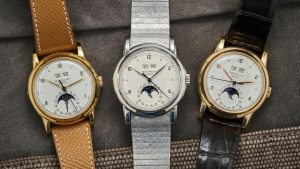 A set of three vintage Patek Philippe 2497 in yellow, rose, and white gold from an important Swiss collection